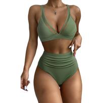 Women's Split Sexy Bikini High Waisted Mesh Splicing With Bra Pad Without Steel Support Swimsuit M