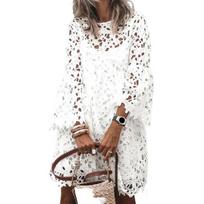 Yousheng Fall Spring Women Dress Hollow Lace Flower Embroidery Round Neck Double-layered Long Sleeves Solid Color Loose Ethnic Midi Dress 2XL balta