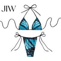 Two Piece Beach Outfit Women Butterfly Print Bikini Set, Halter Tie Top & Side Thong, Beachwear Triangle Swimsuit, Sexy Bathing Suit for Summer Set S mėlyna