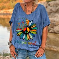 Moteriški Hippie Soul Peace margučių marškinėliai Retro Boho gėlių spaudinys V formos iškirptė trumpomis rankovėmis laisvo kirpimo kasdieniai vasaros S