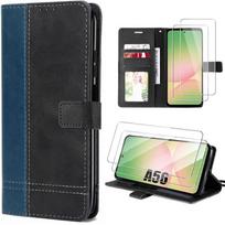 Protective Case - BOOLING - for Samsung Galaxy A56 5G - Blue/Black Synthetic Leather - 2 Tempered Glasses - Shockproof juoda