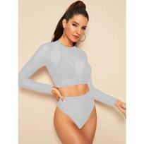 Long Sleeve Blouse Mesh Bikini Swimsuit Split High Waist Triangle Three-piece Swimsuit S balta