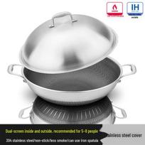 ZISIZ 38cm 304 Stainless Steel Universal Double-Handle Wok