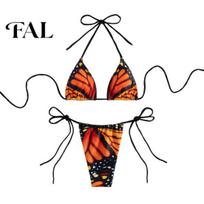 Butterfly Print Bikini Set Women Set, Halter Tie Top & Side Thong, Strappy Two Piece Triangle Swimsuit, Sexy Beach Bathing Suit for Summer Breathable S raudona