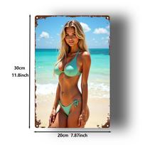 HD Aluminum Metal Sign, Stunning Blonde Bikini Model on Tropical Beach Wall Art, Vintage Tin Plaque for Bedroom Bar Pool Decor, 20X30CM