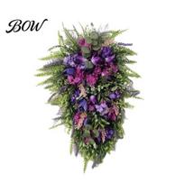 Long Lasting Flower Wreath 19.7 Inch Artificial Tulip Teardrop for Front Door Purple Lavender Floral Decorative Hanging Swag with Green Leaves 1pc