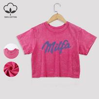 Milfa Letter Prints Cotton Washed T-Shirts All-Math Summer Lace Hem Crop Tops O-Neck Regular Fit Short Sleeve Casual Clothes M