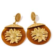 Eetit New Resin Acrylic Round Sun Flower Drop Dangle Earrings Golden Stainless Steel Autumn Winter Style Jewelry Waterproof Gift