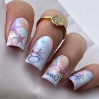 24 Pieces Acrylic Press On Nail Blue 3D Texture Design False Nail Starfish Summer Nail Set Full Cover Stick on Nail 1