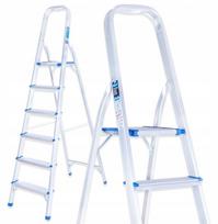 Geko 6 pakopų aliuminio kopėčios G02418, apkrova 150 kg, darbo aukštis ~3.19 m, sulankstomos, saugos turėklas, plotis 49 cm