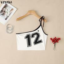 VONDA Summer Women One Shoulder Strap Sleeveless Print Crop Tank Tops Holiady 4XL raudona