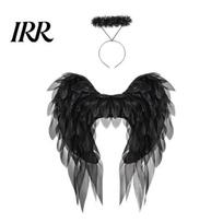 Black Fallen Angel Wings Feather Wing for Women Girls, Soft Organza Costume Accessory Elastic Strap with Headband Photo Booth, Halloween B