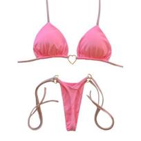 2 vnt./kompl. Moteriškas bikini komplektas su širdelės metaline sagtimi, halter tipo raišteliais, maudymosi kostiumėlis su kelnaitėmis, greitai džiūstantis paplūdimio drabužis S rožinė