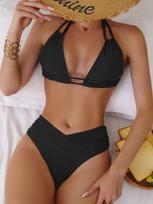 Solid Tie Backless Sexy Bikini Set Elegant Versatile Two Piece Swimwear S