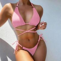 European and American Beach Solid Color Bikini Sexy Three-point Lace-up Split Swimsuit Women's Big Chest Huludao Swimsuit S rožinė