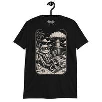 ATOMIC VACATION | Skeleton Cat Beach T-Shirt | Dark Humor Apocalypse Tee | Nuclear Explosion Funny Goth Summer Shirt S