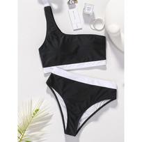 Patchwork Bikini Women Solid Color High Waist 2 Piece Swimsuit Single Shoulder Tankini Backless Beach Bathing Suit S juoda