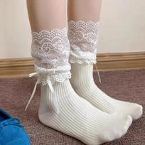 Lolita Lace Bow Socks Autumn/Winter Thigh High Lace Cute Lolita Thick Warm Stockings Sexy White Long Leg Socks For Women One Size