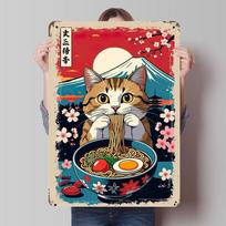 Cat Eating Ramen With Mount Fuji Tinplate Posters Customizable Wall Art Retro Vintage Metal Signs for Home Room Office Decor 20X30CM