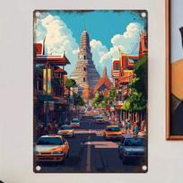 Vintage-Style Metal Wall Sign with Vibrant Thai Street Scene -   Reusable Iron Decor for Home, Restaurant, Bar, Cafe, Garage - 20X30CM
