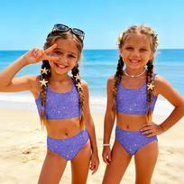 Summer Girls' Casual Printed Two-Piece Bikini Swimsuit Set 100 tamsiai violetine spalva