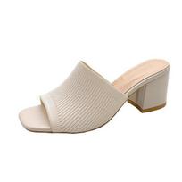 Women Slippers Summer Triangle Thick Heel Sexy Square Toe Dress Party Shoes High Heels Knitting Leisure Pumps Size 35-41 36 smėlis