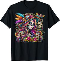 Vibrant Skeleton with Flowers Mexican Festival Sugar Skull T-Shirt XXL