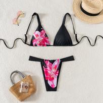 Women's Printed Back Tie Triangle Sexy Split Bikini Swimsuit XS juoda