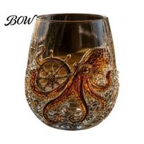 Stunning 3D Visual Drinkware Octopus Pirate Whiskey Glass, Sea Creature Tentacle Engraved Tumbler, Embossed Nautical Ship Rudder Glass Rocks A