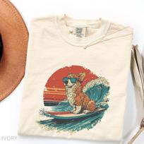 Corgi Summer Surfing Corgi T-Shirt | Retro Sunset Summer Vibes Graphic Tee 3XL