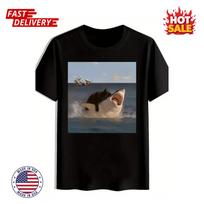 SALE Men'S Funny Shark vs Cat Graphic T-Shirt Crew Neck Tee with Great White S