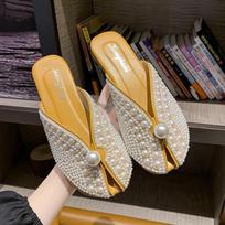 Fashion 2025 Women Summer Fashion Footwear Pearl Fairy Style Flat Soft Bottom Mules Slip on Cover Toe Slides Zapatos De Mujer Size36-40 36 geltona
