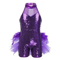 Kids Girls Sleeveless Mock Neck Sequins Jazz Latin Ballet Dance Costume Leotard Jumpsuit Stage Dancewear 4-5 Years violetinė
