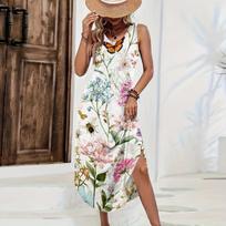 Women Sleeveless Floral Print Maxi Dress Casual Loose Fit Long Summer Dress Side Slit Bohemian Style Sundress for Daily Wear XS