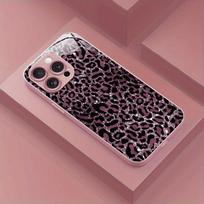 Tamsiai rožinės spalvos leopardo rašto grūdinto stiklo metalinės dažų telefono dėklas, skirtas iPhone 17 Pro Max 11 12 13 14 15 16 Plus 16E 17 Air Cover iPhone Air