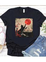 Vintage Japanese Cat Mount Fuji Graphic Tee Womens Cute Cotton T-Shirt S