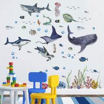 Watercolor Marine Life Shark Wall Decals Ocean Fish Stickers Removable for Kids Room Baby Bedroom Sea Theme Decor 3090cm