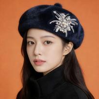 New Spring Autumn Winter Faux Mink Beret with Floral Accent - Luxurious High-end Elegant and Sweet Women's Hat 54-60 adjustable