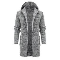 Men's Solid Color Knitted Coat Hooded Long Windbreaker Cardigan Medium Length Sweater XXXL pilka spalva