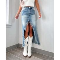 Spring Women's Old Wash High Waist Irregular Raw Edge Denim Half-body Skirt S mėlyna