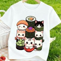 Kids Cartoon Cat Sushi Print Crewneck Summer Casual Short Sleeve T-Shirt 110 balta