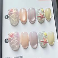 24PCS 3D Seastar Shell Designs Almond Press on Nails Glossy Blue Summer Vacation Style French Fake Nails Wearable Acrylic Nails