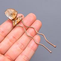 Natural Citrine Rough Ethnic Handmade Jewelry Bun Stick 3.5 Inch / Electroplated Copper Gold Filled Hair Pin Christmas Sale For Mother Wife