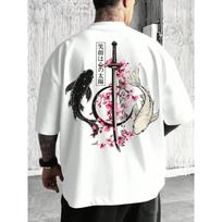 Men's Samurai Sword and Cherry Blossom Graphic Print Loose Fit T-Shirt XXXXL