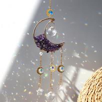 1 Piece Rainbow Made Crystal Suncatcher, Raw Stone Moon Home Decor for Garden Bedroom Balcony Pendant violetinė