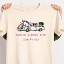 Stylish Wake Up Bitches It’s Time To Sin Shirt, Funny Unicorn Rainbow Vomit Tee, Raccoon Pink Hair Aesthetic, Weird Cute Graphic T-Shirt. L