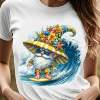 Surfing Gnome Tshirt, Beach Tee, Summer Vibes Shirt, Vacation Wear, Colorful Graphic, Ocean Wave Top, 7 colors M