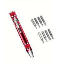 1Set Multi-functional 8-in-1 Screwdriver Set, Aluminum Alloy Tool, Precision Cross & Flathead Driver, Repair Kit, Portable & Dura raudona