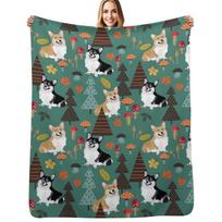 Corgis In Fall Forest - Dark Teal Throw Blanket Long Lasting Soft Plush Blanket for Daily Use Size: 75*100cm, Weight: 230 GSM