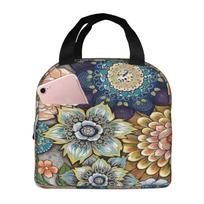 Decorative Boho Floral Print Lunch Bags Insulated Bento Box Lunch Tote Leakproof Picnic Bags Thermal Bag for Woman Girl School One Size